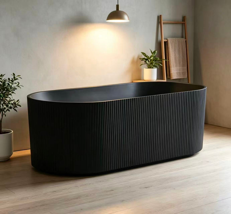 Ronelle Fluted Oval Freestanding Bathtub, Gloss/Matte White/Black, 1500/1700mm, Adjustable Legs, No Overflow