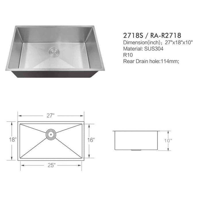 2718S Kitchen Sink Faucet, Stainless Steel Single Bowl Kitchen Sink 18Gauge(RA-R2718 )