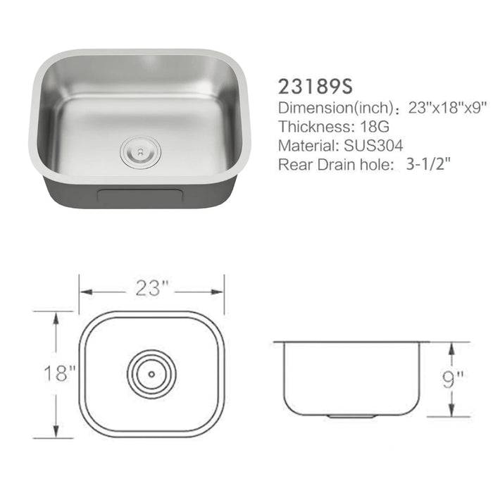 23189S Kitchen Sink Faucet, Stainless Steel Single Bowl Kitchen Sink 18Gauge