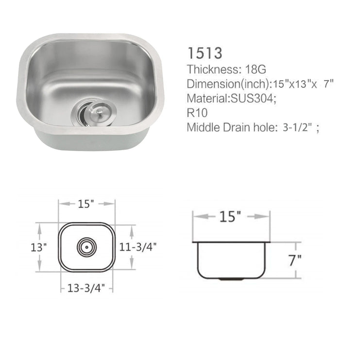 1513 Kitchen Sink Faucet, Stainless Steel Single Bowl Kitchen Sink 18Gauge