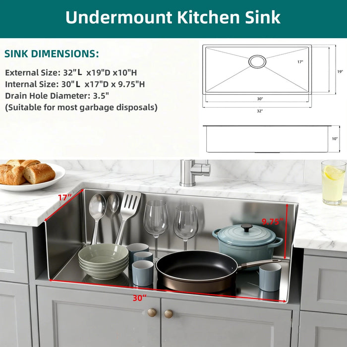 3219S Kitchen Sink Faucet, Stainless Steel Single Bowl Kitchen Sink 18Gauge(RS-R3219)