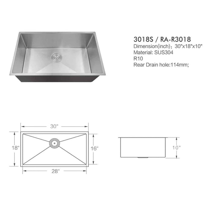 KDK-3018S Undermount Single Bowl Stainless Steel Kitchen Sink 30‘’*18‘’*10‘’