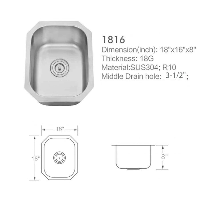 1816 Kitchen Sink Faucet, Stainless Steel Single Bowl Kitchen Sink 18Gauge