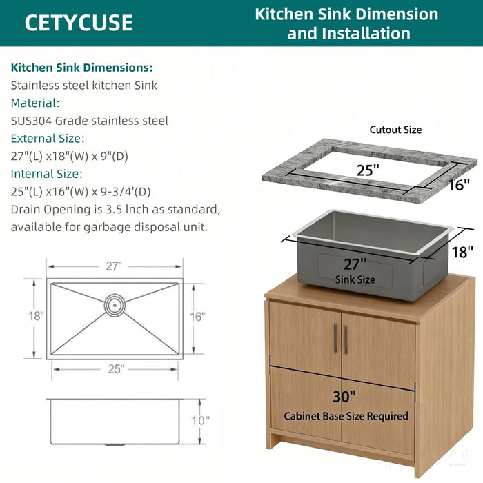 2718S Kitchen Sink Faucet, Stainless Steel Single Bowl Kitchen Sink 18Gauge(RA-R2718 )