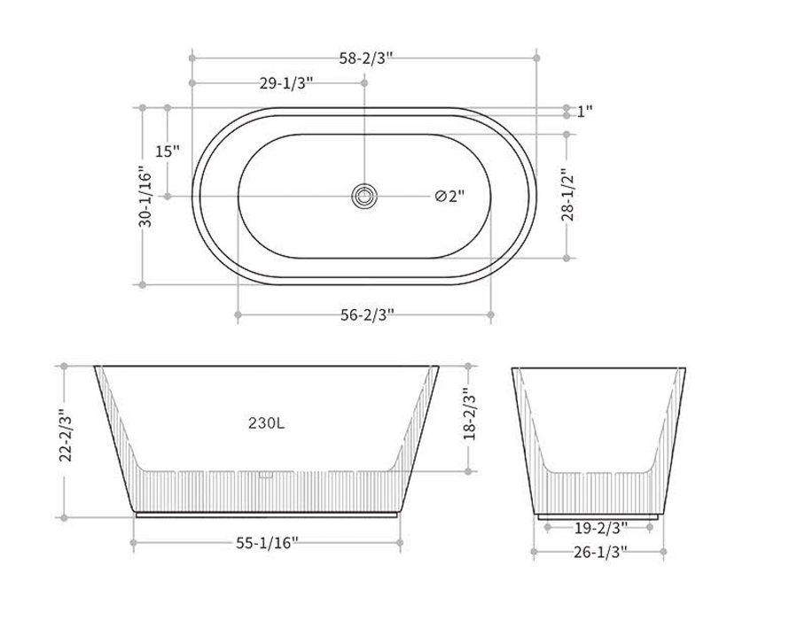 KBT-3W-1500 Freestanding Soaking Acrylic Bathtub 58-2/3''*30-1/16''*22-2/3''