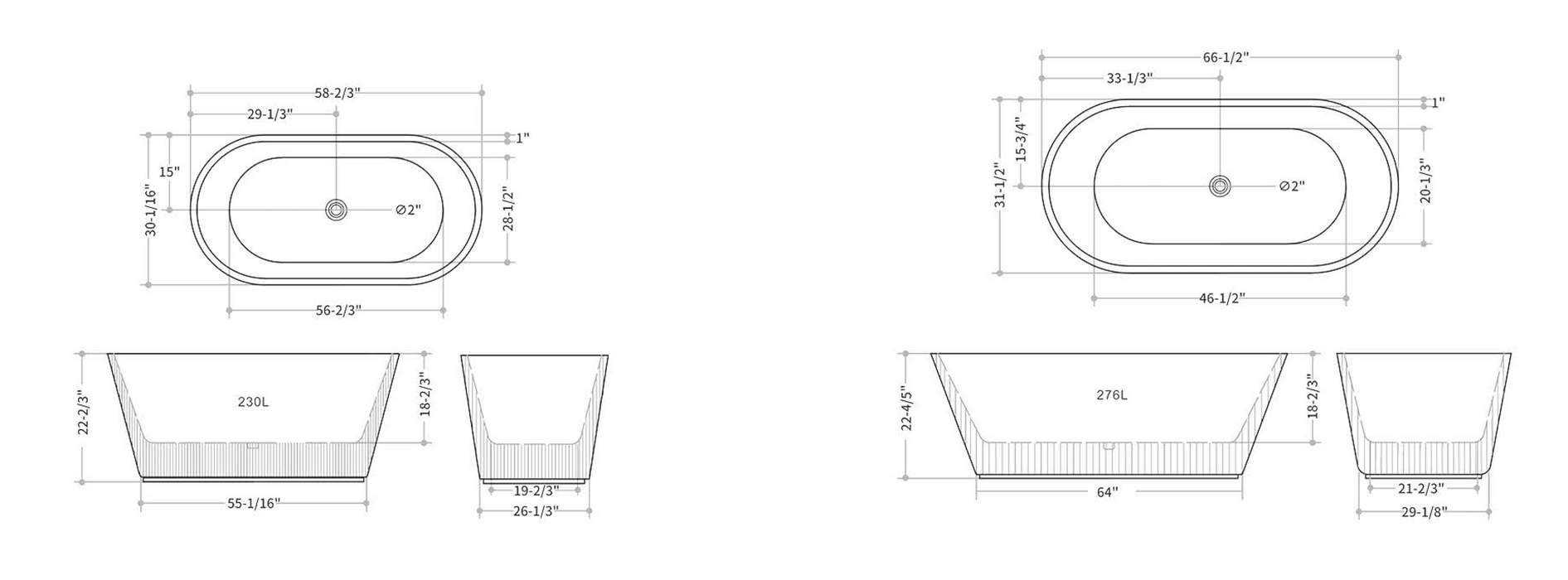 KBT-3W-1700 Freestanding Soaking Acrylic Bathtub 66.5''*33''*23''