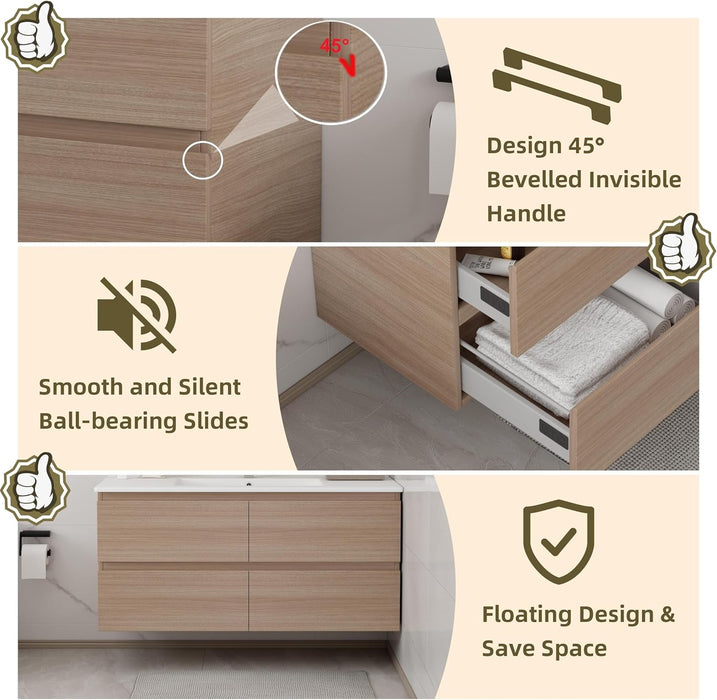 36 Inch Natural Wood Wall-mount PVC Vanity with Ceramc Top 35*18*22 UMV-NW36