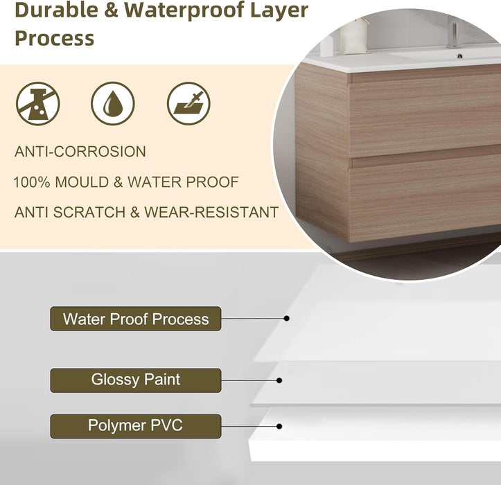 36 Inch Natural Wood Wall-mount PVC Vanity with Ceramc Top 35*18*22 UMV-NW36