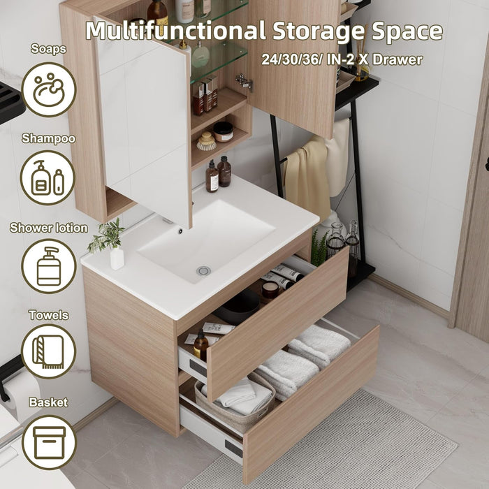 36 Inch Natural Wood Wall-mount PVC Vanity with Ceramc Top 35*18*22 UMV-NW36